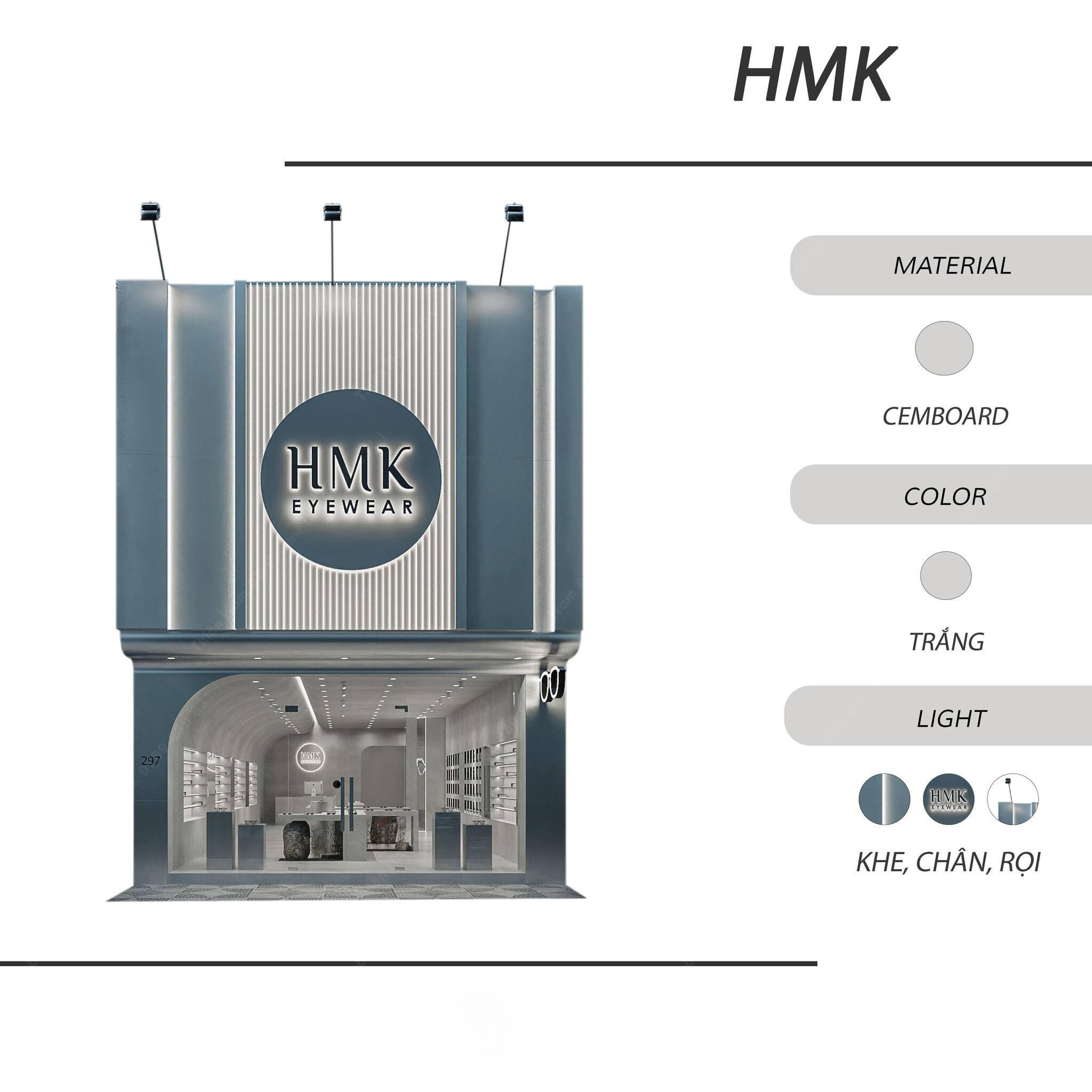 Thiết kế bảng hiệu mặt tiền cửa hàng mắt kính HMK hiện đại, phong cách
