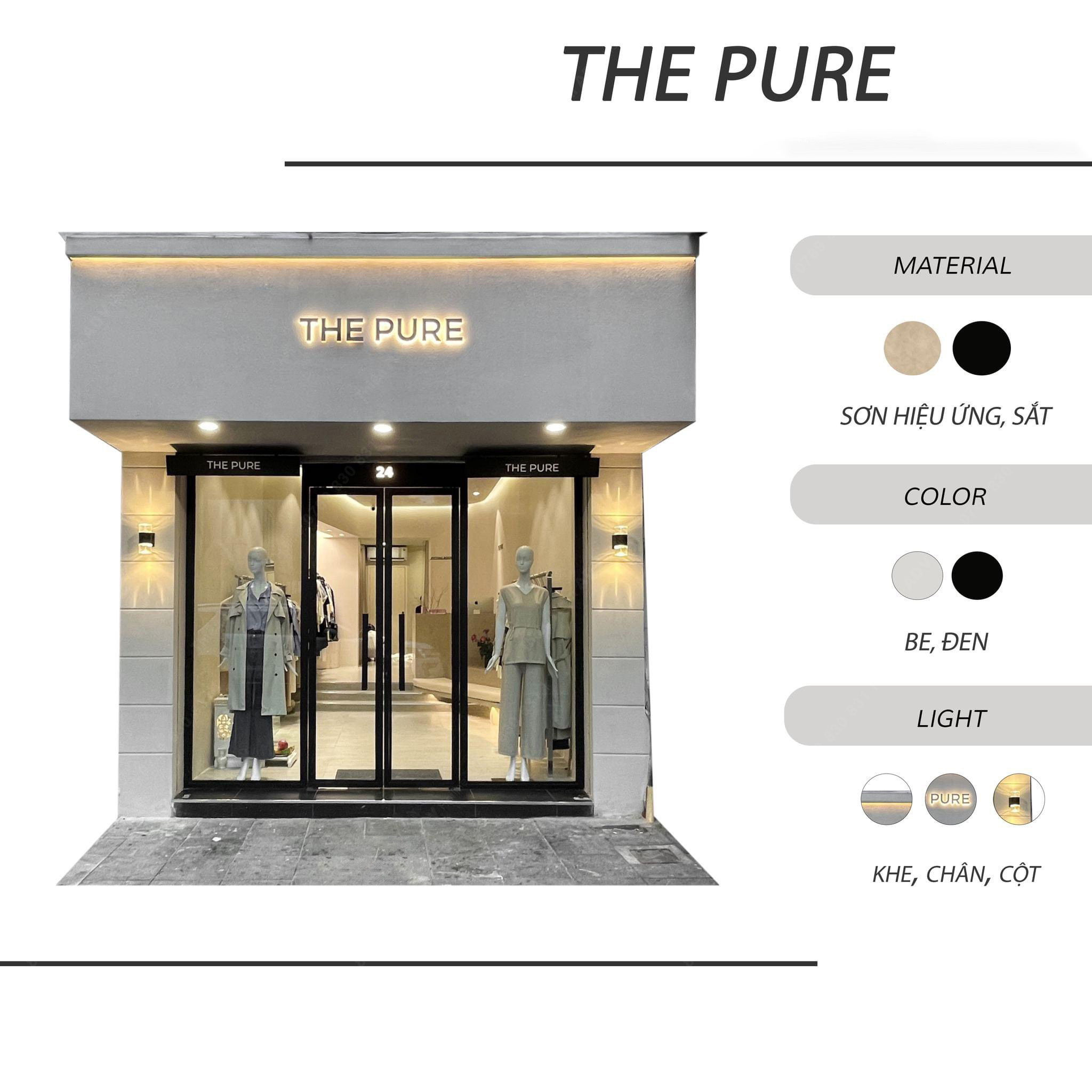 Thiết kế bảng hiệu cửa hàng quần áo THE PURE kết hợp cổ điển và hiện đại